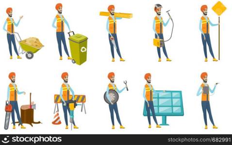Young indian builder set. Builder pushing wheelbarrow full of sand, recycling bin, lumberjack with chainsaw, mechanic with wheel. Set of vector flat design illustrations isolated on white background.. Indian builder vector illustrations set.