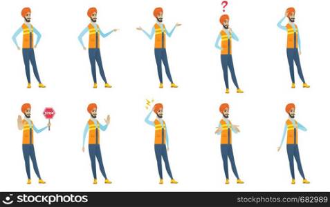 Young indian builder set. Builder screaming, thinking, shrugging shoulders, scratching head, showing stop road sign and palm. Set of vector flat design illustrations isolated on white background.. Indian builder vector illustrations set.