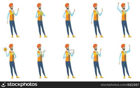 Young indian builder set. Builder waving, holding money, giving thumb up, showing victory gesture, standing with raised arms up. Set of vector flat design illustrations isolated on white background.. Indian builder vector illustrations set.