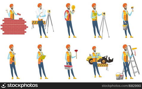 Young indian builder set. Builder with hammer, bricklayer building brick wall, painter with paint roller, engineer with blueprint. Set of vector flat design illustrations isolated on white background.. Indian builder vector illustrations set.