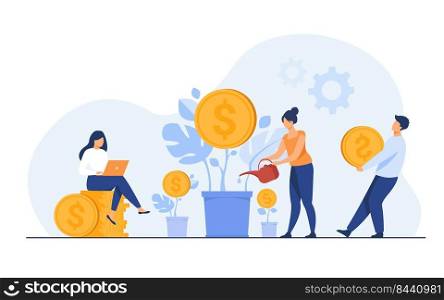 Young investors working for profit, dividend or revenue flat vector illustration. Cartoon employees investing capital. Investment, money and finance concept