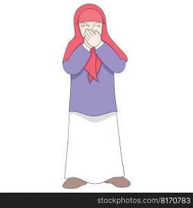young islamic girl is covering her nose because of the bad smell around her. vector design illustration art