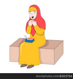 young islamic girl sitting ready to eat start by praying. vector design illustration art