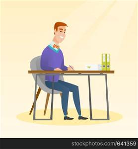 Young journalist sitting at the table and writing in a notebook with a pencil. Journalist writing notes with a pencil. Businessman working at the table. Vector flat design illustration. Square layout.. Journalist writing in a notebook with a pencil.