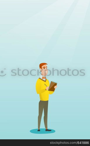 Young journalist writing in a notebook with a pencil. Smiling journalist writing notes with a pencil. Caucasian journalist writing notes in a notepad. Vector flat design illustration. Vertical layout.. Journalist writing in a notebook with a pencil.