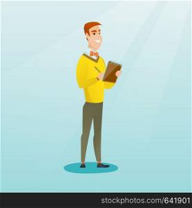 Young journalist writing in a notebook with a pencil. Smiling journalist writing notes with a pencil. Caucasian journalist writing notes in a notepad. Vector flat design illustration. Square layout.. Journalist writing in a notebook with a pencil.