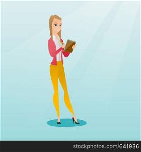 Young journalist writing in a notebook with a pencil. Smiling journalist writing notes with a pencil. Caucasian journalist writing notes in a notepad. Vector flat design illustration. Square layout.. Journalist writing in a notebook with a pencil.