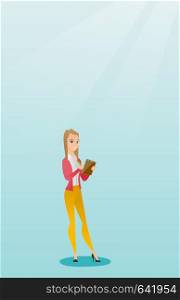Young journalist writing in a notebook with a pencil. Smiling journalist writing notes with a pencil. Caucasian journalist writing notes in a notepad. Vector flat design illustration. Vertical layout.. Journalist writing in a notebook with a pencil.