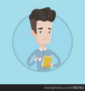 Young journalist writing in notebook. Journalist writing notes with pencil. Caucasian male journalist writing notes in the notepad. Vector flat design illustration in the circle isolated on background. Journalist writing in notebook with pencil.