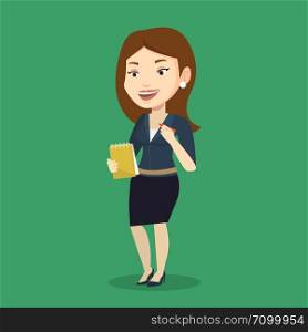 Young journalist writing in notebook with pencil. Smiling journalist writing notes with pencil. Caucasian female journalist writing notes on the notepad. Vector flat design illustration. Square layout. Journalist writing in notebook with pencil.