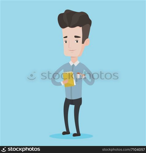 Young journalist writing in notebook with pencil. Smiling journalist writing notes with pencil. Caucasian male journalist writing notes on the notepad. Vector flat design illustration. Square layout.. Journalist writing in notebook with pencil.