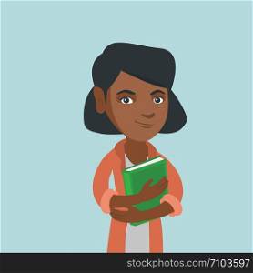 Young joyful african-american student hugging a book. Peaceful smiling student holding a book. Concept of education. Vector cartoon illustration. Square layout.. Young african-american student hugging a book.