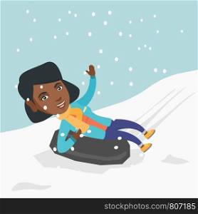 Young joyful african-american woman sledding on snow rubber tube and waving hand. Woman sitting on a snow rubber tube. Winter leisure activity concept. Vector cartoon illustration. Square layout.. Girl sledding on snow rubber tube in the mountains