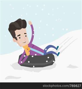 Young joyful caucasian man having fun on a snowy day while sledding on snow rubber tube in the mountains. Winter leisure activity and sport concept. Vector flat design illustration. Square layout.. Man sledding on snow rubber tube in the mountains.