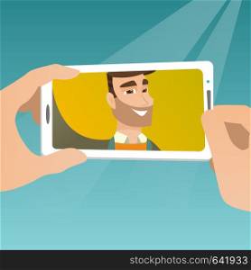 Young joyful caucasian man making selfie. Smiling man taking a photo with a cellphone. Young guy taking selfie. Man taking selfie using his smartphone. Vector flat design illustration. Square layout.. Young man making selfie vector illustration.