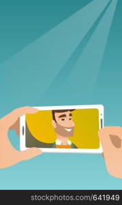 Young joyful caucasian man making selfie. Smiling man taking a photo with a cellphone. Young guy taking selfie. Man taking selfie using his smartphone. Vector flat design illustration. Vertical layout. Young man making selfie vector illustration.