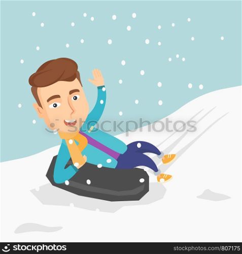 Young joyful caucasian man sledding on snow rubber tube in the mountains and waving hand. Winter leisure activity and sport concept. Vector flat design illustration. Square layout.. Man sledding on snow rubber tube in the mountains.
