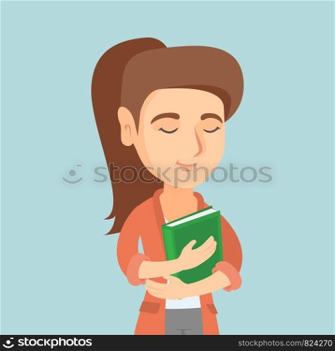 Young joyful caucasian student hugging a book. Peaceful smiling student with eyes closed holding a book. Concept of education. Vector cartoon illustration. Square layout.. Young caucasian student hugging a book.