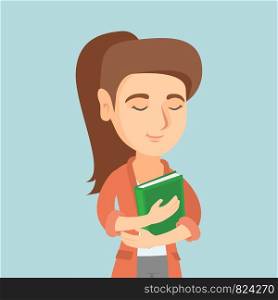 Young joyful caucasian student hugging a book. Peaceful smiling student with eyes closed holding a book. Concept of education. Vector cartoon illustration. Square layout.. Young caucasian student hugging a book.