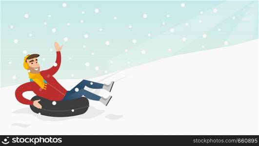Young joyful caucasian white man sledding on snow rubber tube and waving hand. Winter leisure activity concept. Vector cartoon illustration. Horizontal layout.. Man sledding on snow rubber tube in the mountains