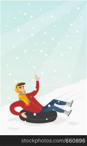 Young joyful caucasian white man sledding on snow rubber tube and waving hand. Winter leisure activity concept. Vector cartoon illustration. Vertical layout.. Man sledding on snow rubber tube in the mountains