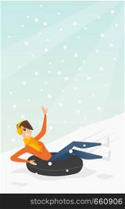 Young joyful caucasian white woman sledding on snow rubber tube and waving hand. Winter leisure activity concept. Vector cartoon illustration. Vertical layout.. Girl sledding on snow rubber tube in the mountains