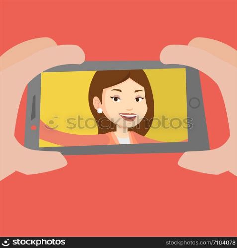 Young joyful caucasian woman making selfie. Smiling woman making selfie with cellphone. Woman taking selfie. Vector flat design illustration. Square layout.. Young woman making selfie vector illustration.