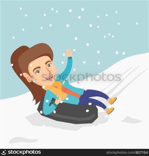 Young joyful caucasian woman sledding on snow rubber tube and waving hand. Cheerful woman sitting on a snow rubber tube. Winter leisure activity concept. Vector cartoon illustration. Square layout.. Girl sledding on snow rubber tube in the mountains