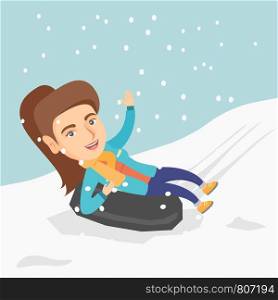 Young joyful caucasian woman sledding on snow rubber tube and waving hand. Cheerful woman sitting on a snow rubber tube. Winter leisure activity concept. Vector cartoon illustration. Square layout.. Girl sledding on snow rubber tube in the mountains