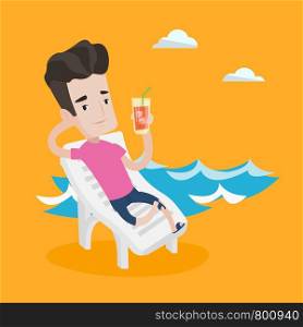 Young joyful man sitting on a chaise longue on the beach. Happy man drinking a cocktail on a beach. Smiling caucasian man on a beach with cocktail. Vector flat design illustration. Square layout.. Man relaxing on beach chair vector illustration.
