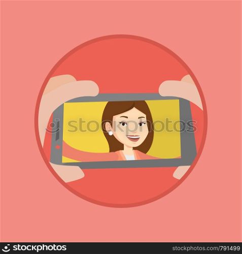 Young joyful woman making selfie. Smiling woman making selfie with cellphone. Cheerful woman taking selfie using her smartphone. Vector flat design illustration in the circle isolated on background.. Young woman making selfie vector illustration.