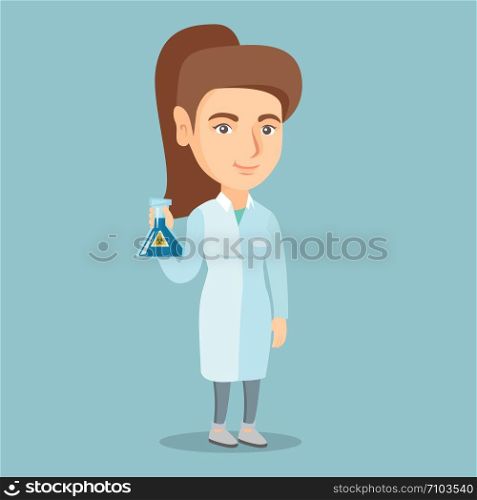 Young laboratory assistant holding a flask with biohazard sign. Caucasian laboratory assistant in medical gown showing a flask with biohazard sign. Vector cartoon illustration. Square layout.. Scientist holding flask with biohazard sign.