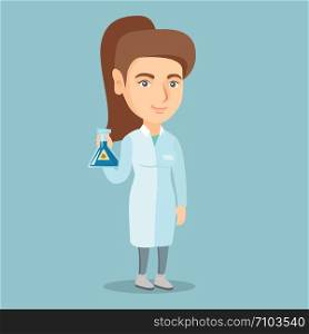 Young laboratory assistant holding a flask with biohazard sign. Caucasian laboratory assistant in medical gown showing a flask with biohazard sign. Vector cartoon illustration. Square layout.. Scientist holding flask with biohazard sign.