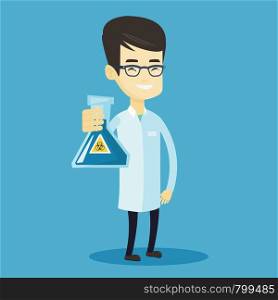 Young laboratory assistant holding a flask with biohazard sign. Asian laboratory assistant in medical gown showing a flask with biohazard sign. Vector flat design illustration. Square layout.. Scientist holding flask with biohazard sign.