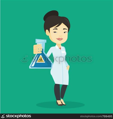 Young laboratory assistant holding a flask with biohazard sign. Asian laboratory assistant in medical gown showing a flask with biohazard sign. Vector flat design illustration. Square layout.. Scientist holding flask with biohazard sign.