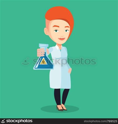 Young laboratory assistant holding a flask with biohazard sign. Caucasian laboratory assistant in medical gown showing a flask with biohazard sign. Vector flat design illustration. Square layout.. Scientist holding flask with biohazard sign.