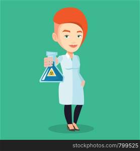 Young laboratory assistant holding a flask with biohazard sign. Caucasian laboratory assistant in medical gown showing a flask with biohazard sign. Vector flat design illustration. Square layout.. Scientist holding flask with biohazard sign.