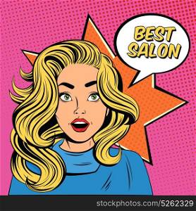 Young Lady Hairstyle Salon Advertisement Poster. Hairdresser salon comics style retro advertisement poster with attractive young blond girl with wavy hair vector illustration