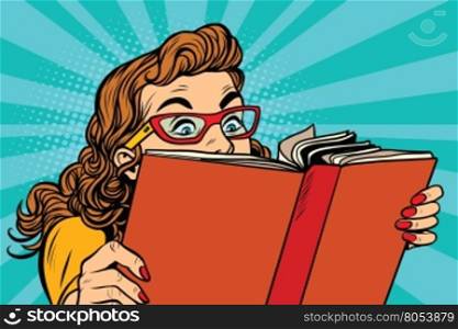 Young lady reading a book, pop art retro vector illustration. Interesting reading
