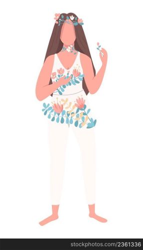 Young lady surrounded by spring flowers semi flat color vector character. Standing figure. Full body person on white. Simple cartoon style illustration for web graphic design and animation. Young lady surrounded by spring flowers semi flat color vector character