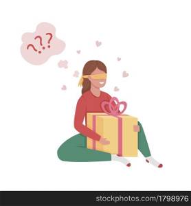 Young lady trying to guess gift box content semi flat color vector character. Full body person on white. Birthday surprise isolated modern cartoon style illustration for graphic design and animation. Young lady trying to guess gift box content semi flat color vector character