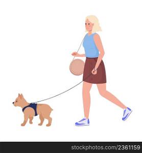 Young lady walking small dog on street semi flat color vector characters. Walking figures. Full body person on white. Simple cartoon style illustration for web graphic design and animation. Young lady walking small dog on street semi flat color vector characters