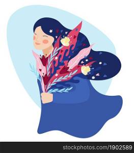 Young lady with happy facial expression holding bouquet of flowers and smiling. Girl walking with blooming flora, leaves and petals of floristic composition. 8 march holiday. Vector in flat style. Happy female character with bouquet of flowers