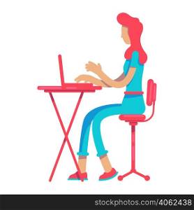 Young lady with laptop semi flat color vector character. Office work. Sitting figure. Full body person on white. Simple cartoon style illustration for web graphic design and animation. Young lady with laptop semi flat color vector character