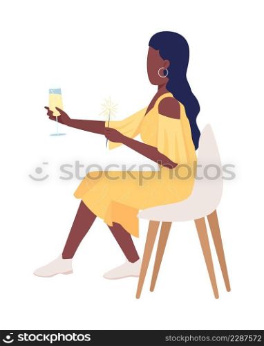 Young lady with sparkler semi flat color vector character. Sitting figure. Full body person on white. Festive celebration simple cartoon style illustration for web graphic design and animation. Young lady with sparkler semi flat color vector character
