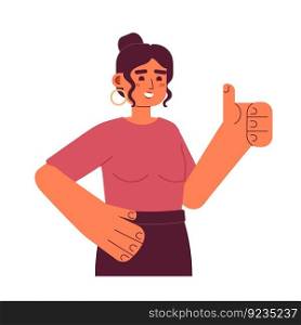 Young latina woman with thumb up semi flat colorful vector character. Excited hispanic girl giving approval. Editable half body person on white. Simple cartoon spot illustration for web graphic design. Young latina woman with thumb up semi flat colorful vector character