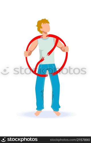 Young light-haired man in jeans, barefoot, head up, on single strike ripping red prohibition sign. Rebelling young adult, student, forbidden pride, political party, rally, concept prints, ads, call. Young man protesting tearing up prohibition sign. Rebellion concept