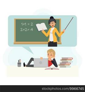 young little boy student is chilling in learning online at home.Female Teacher with book and pointing stick is teaching online,Online Education Concept ,Flat Vector cartoon character illustration.
