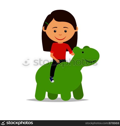 Young little girl sitting on the green dinosaur toy, isolated on the white background. Vector illustration. Girl sitting on green dinosaur toy