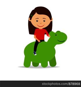 Young little girl sitting on the green dinosaur toy, isolated on the white background. Vector illustration. Girl sitting on green dinosaur toy